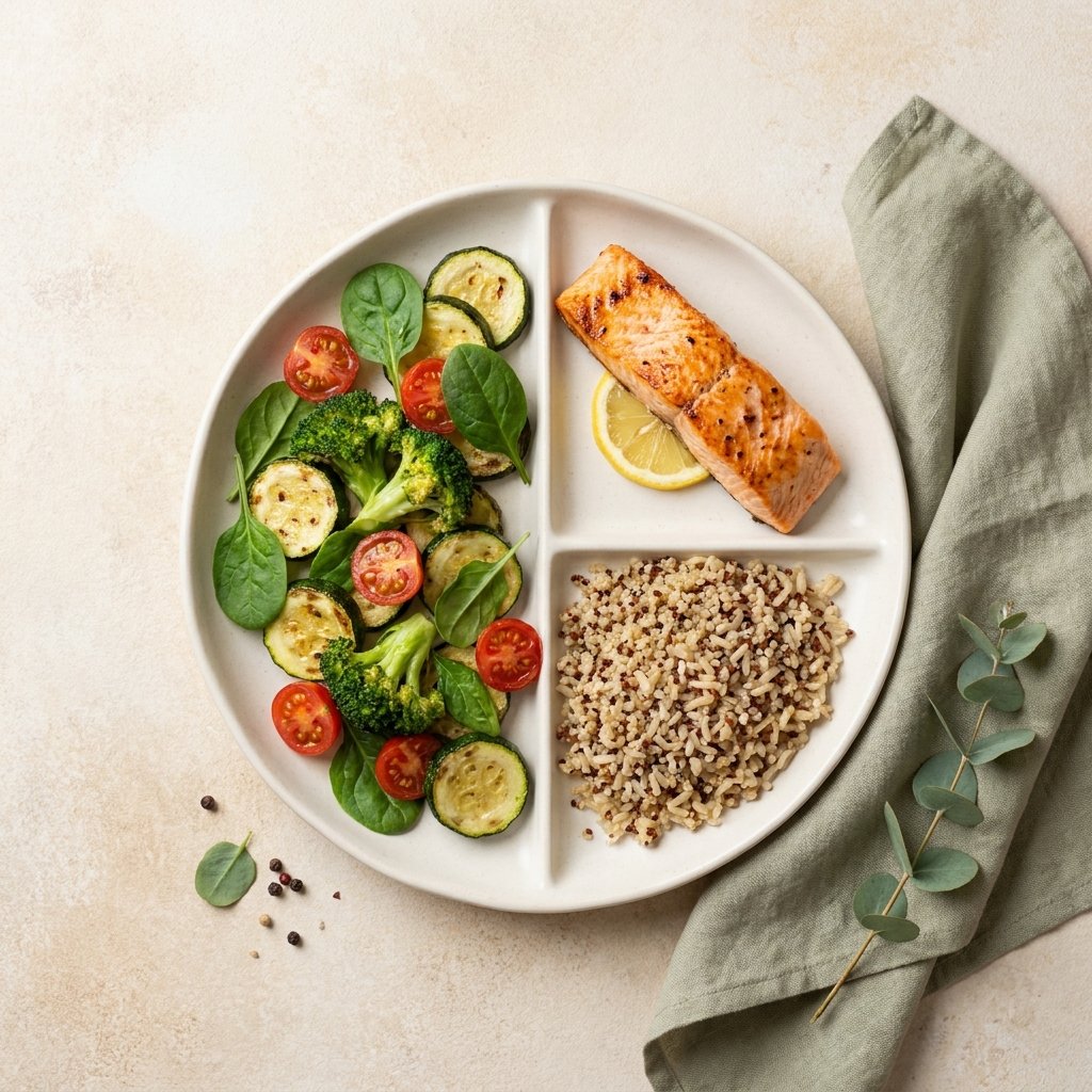 Assiette type équilibrée pour le lipœdème : moitié légumes (épinards, courgettes, brocoli, tomates cerises), un quart protéines (saumon) et un quart féculents complets (quinoa)
