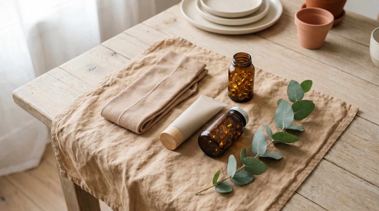 S'équiper avec un lipœdème : bas de compression beige plié, soin hydratant, enfile-bas et eucalyptus sur lin