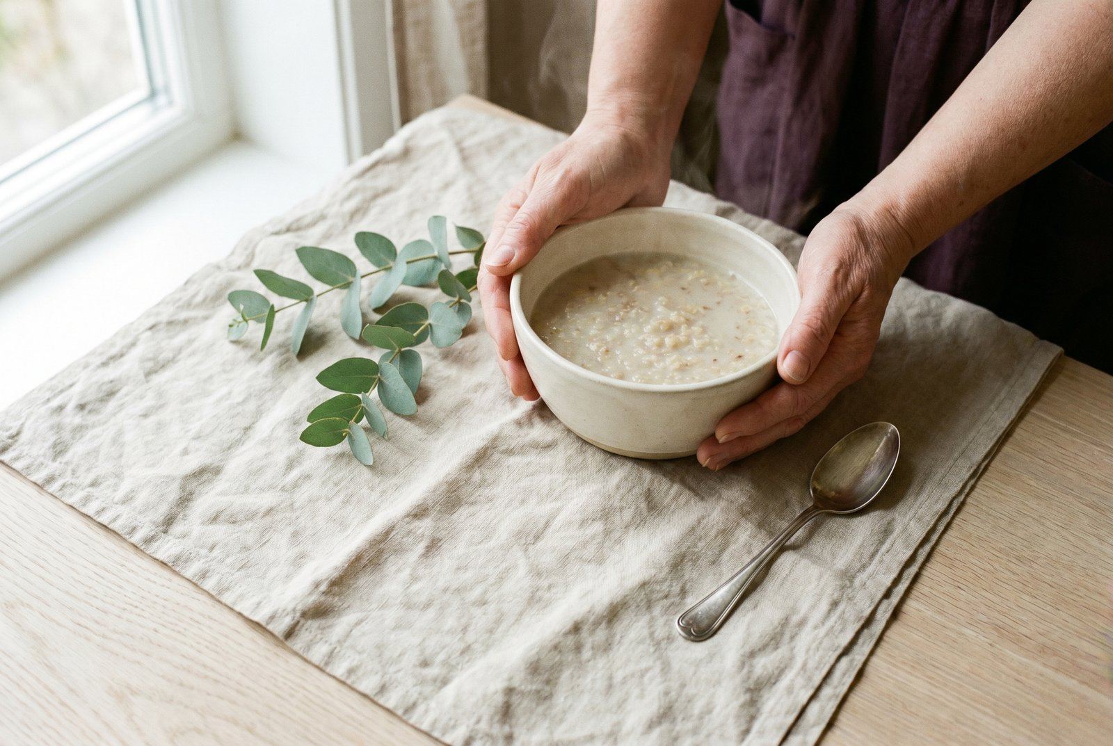 Un bol de porridge tenu à deux mains sur une nappe de lin, près d'une fenêtre lumineuse