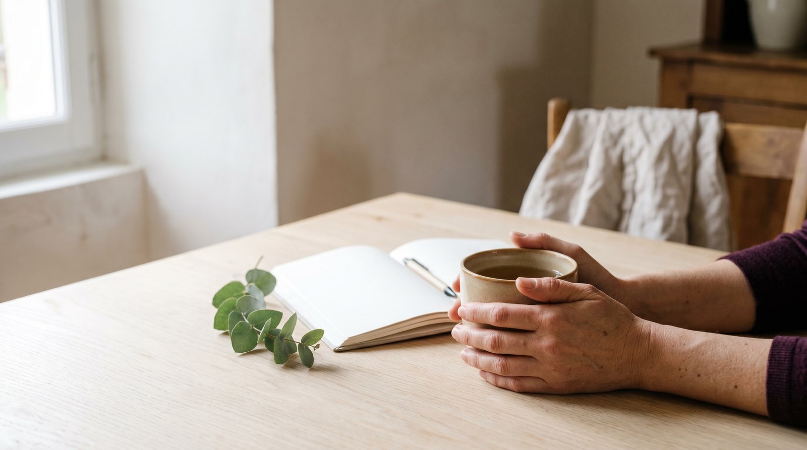 Des mains tenant une tasse près d'un carnet ouvert et d'un brin d'eucalyptus, sur une table en bois clair