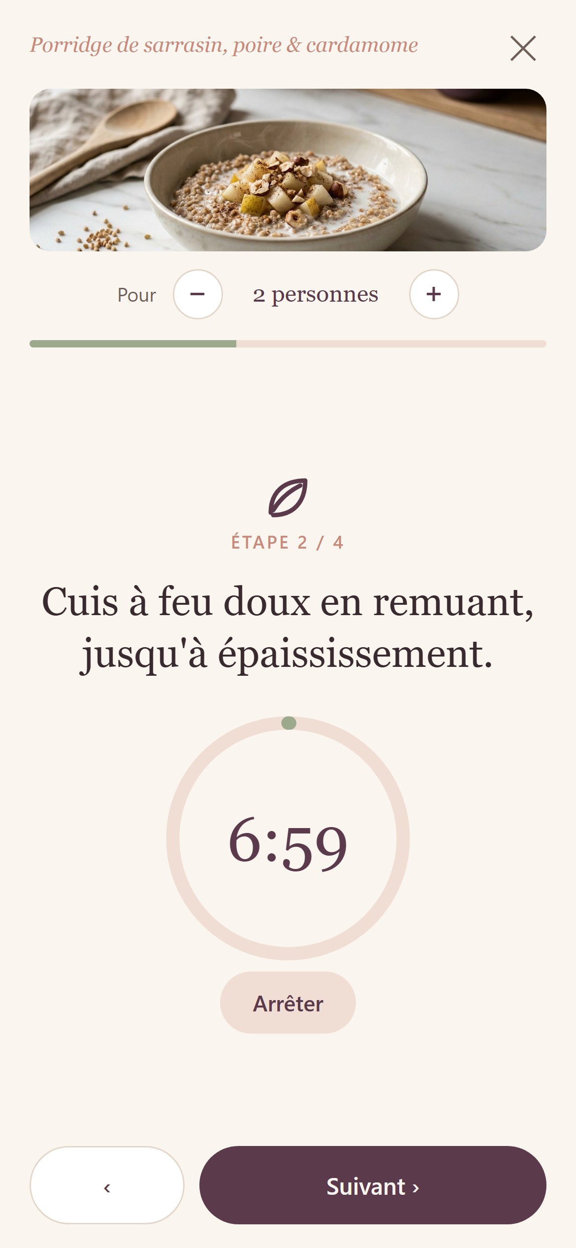 Mode cuisine de l'appli : une étape affichée en grand, avec un minuteur intégré qui décompte le temps de cuisson.