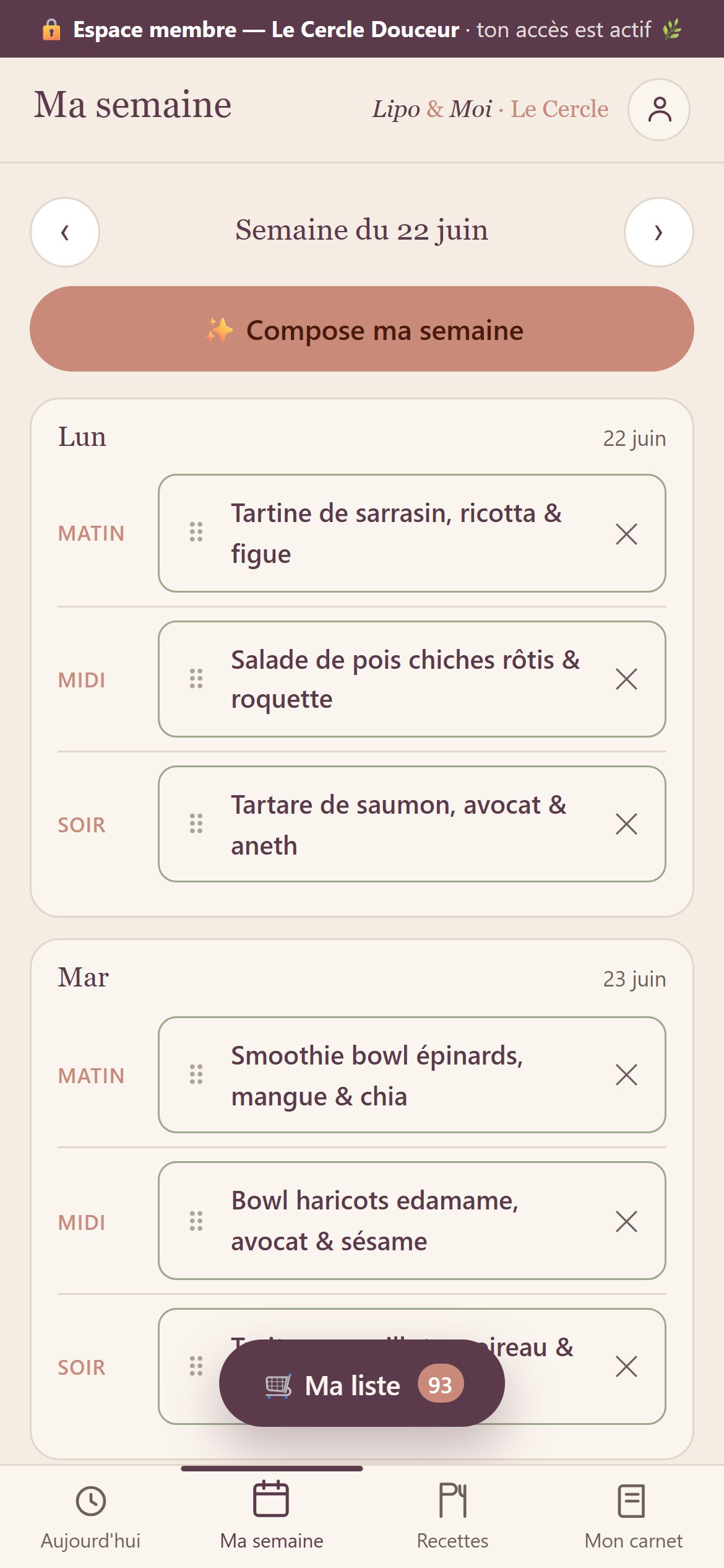 L'application Le Cercle Douceur ouverte sur « Ma semaine » : sept jours de repas doux déjà composés, prêts à cuisiner.