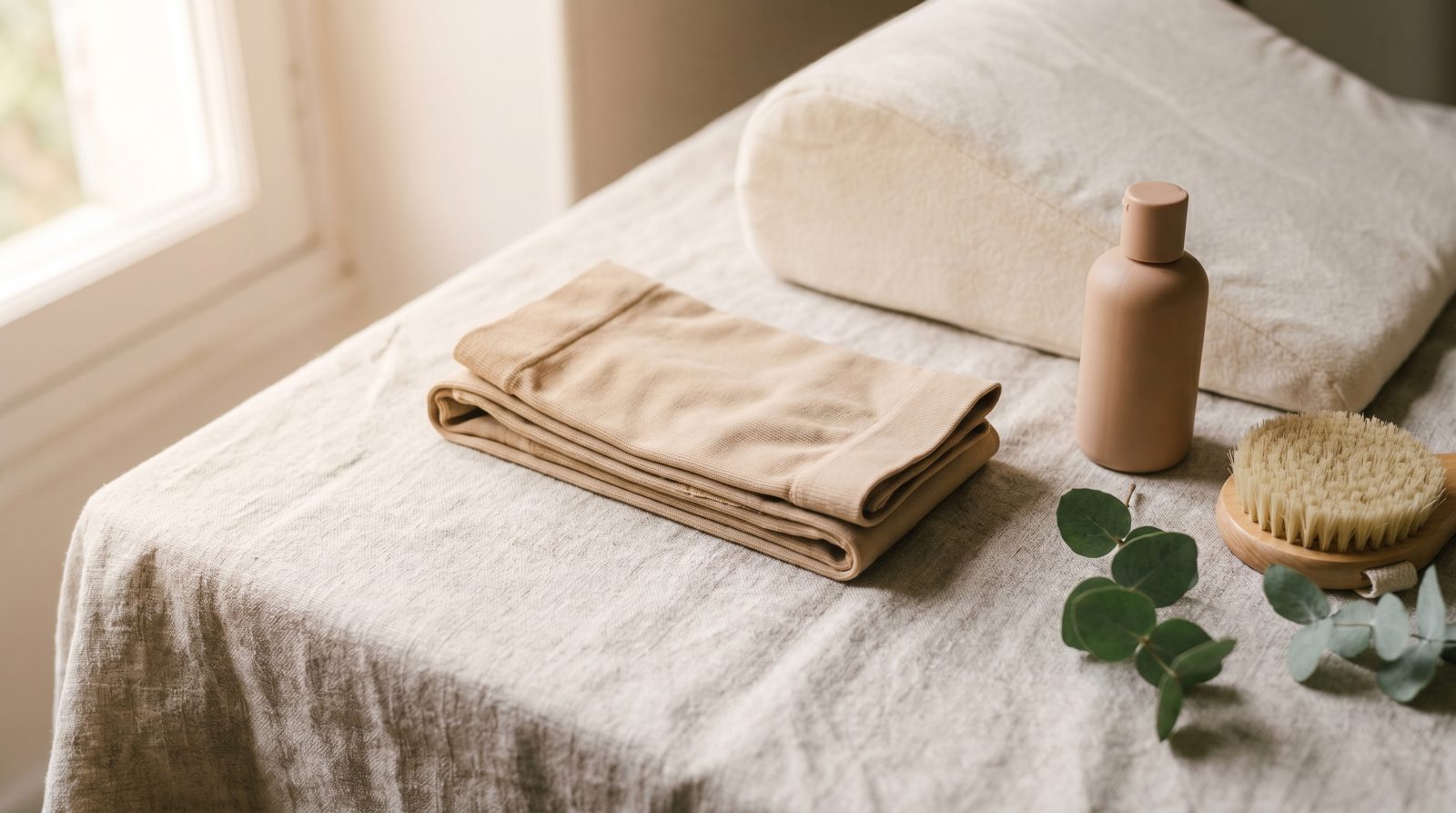Des bas de contention pliés, un coussin de surélévation et des accessoires de confort sur du lin clair