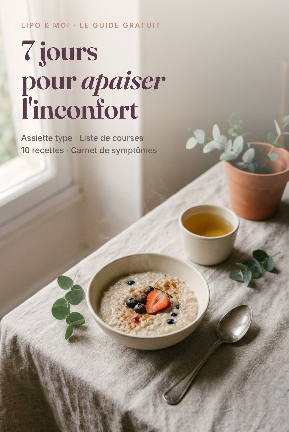 Couverture du guide « 7 jours pour apaiser l'inconfort » : un bol de porridge fumant aux fruits rouges près d'une fenêtre
