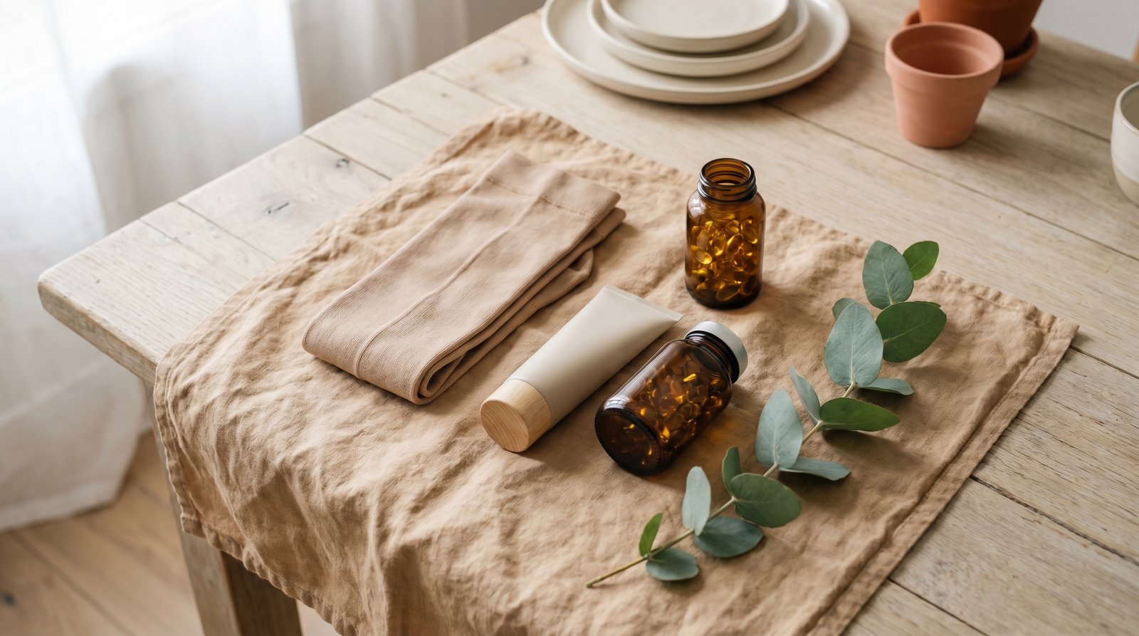 Mise à plat soignée : bas de compression beige plié, soin hydratant, enfile-bas et eucalyptus sur lin