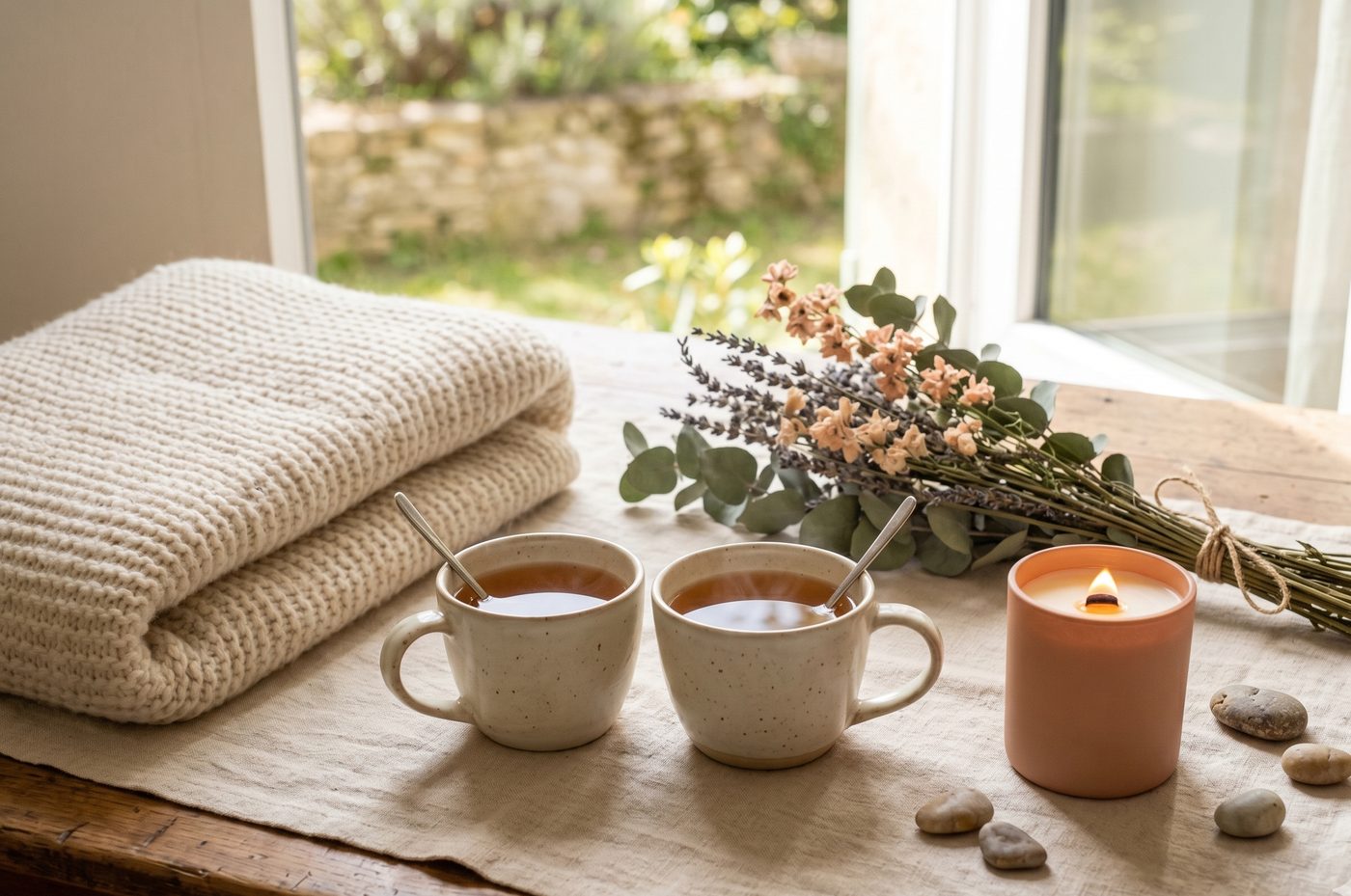 Deux tasses de thé, un plaid, un bouquet de lavande et une bougie — un moment de douceur partagé