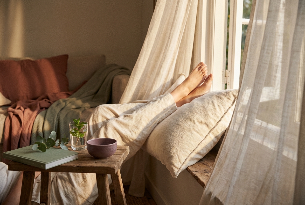 Jambes surélevées et reposées sur un coussin de lin près d'une fenêtre ouverte un soir d'été, verre d'eau fraîche et brin d'eucalyptus, geste doux pour apaiser les jambes lourdes