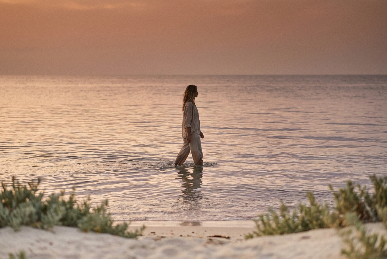 Une femme marche sereinement dans l'eau peu profonde au bord de la mer au lever du jour, activité aquatique douce apaisante pour le lipœdème
