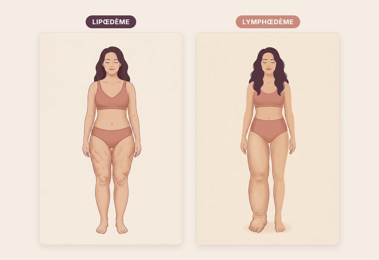 Planche comparative étiquetée : le lipœdème avec deux jambes symétriques et des pieds fins, face au lymphœdème avec une seule jambe gonflée jusqu'au pied
