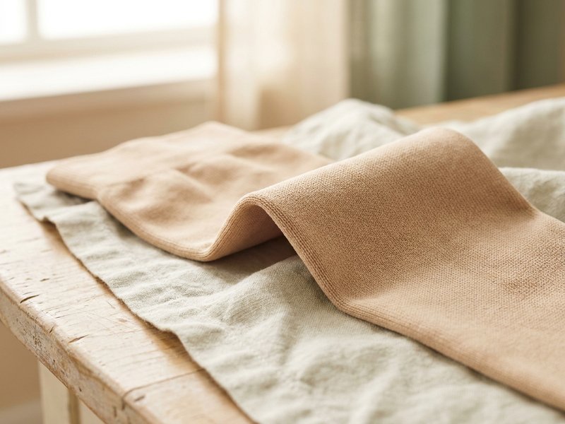 Gros plan d'un tricot de compression maille ronde : tissu lisse et fin, sans couture, posé sur du lin