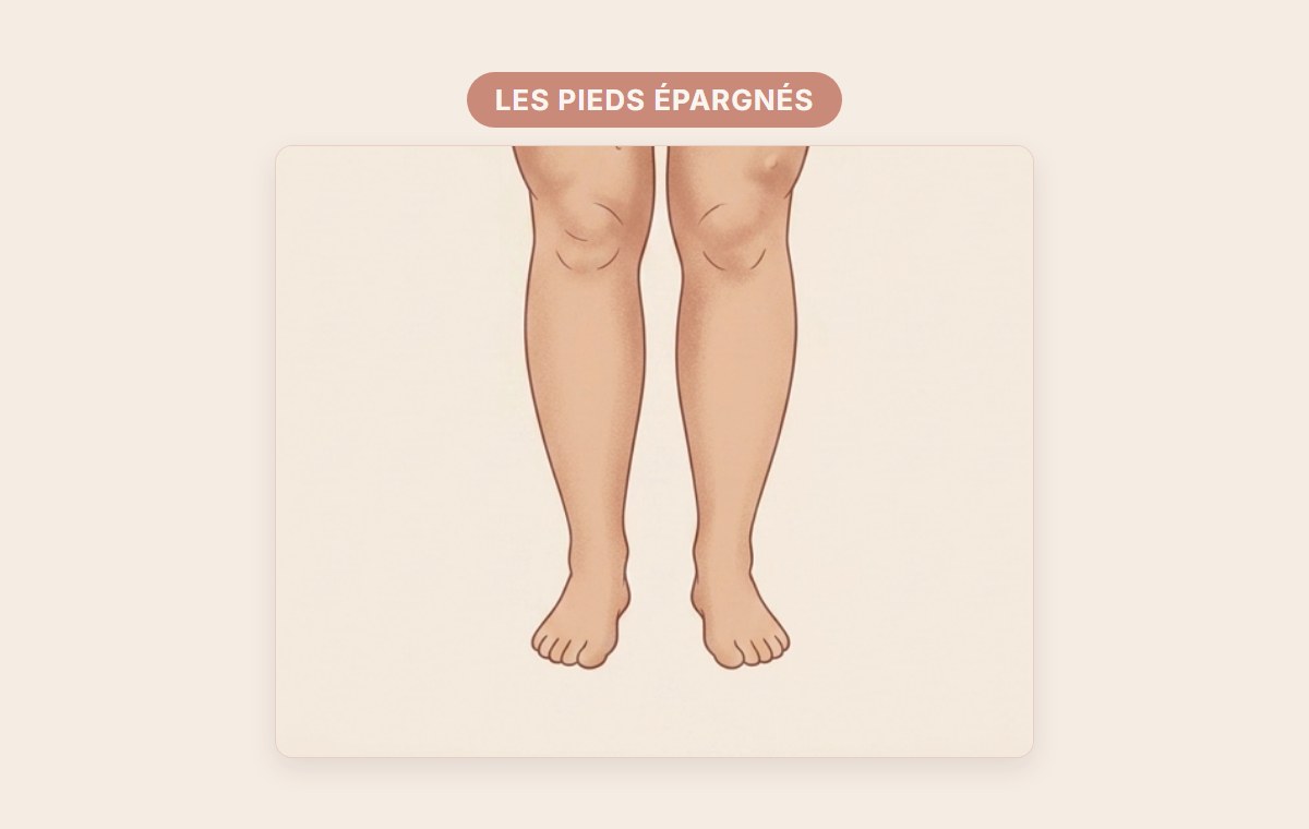 Illustration du bas des jambes dans le lipœdème : mollets pleins, puis chevilles fines et pieds épargnés — l'effet bracelet