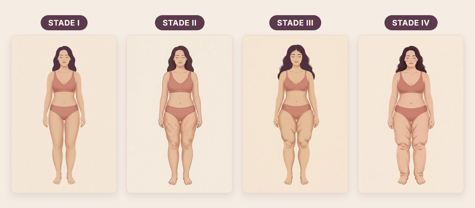 Planche des 4 stades du lipœdème : quatre morphotypes complets illustrés sur une même silhouette féminine, du stade I au stade IV