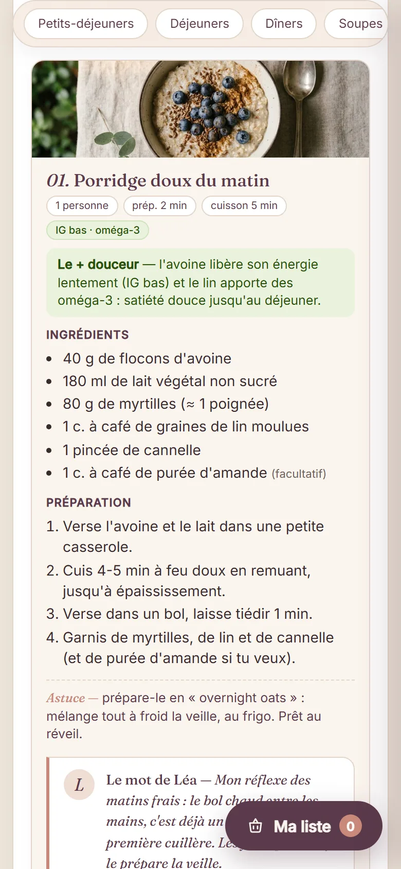 Aperçu de l'outil de courses : la liste se compose toute seule, rangée par rayon.