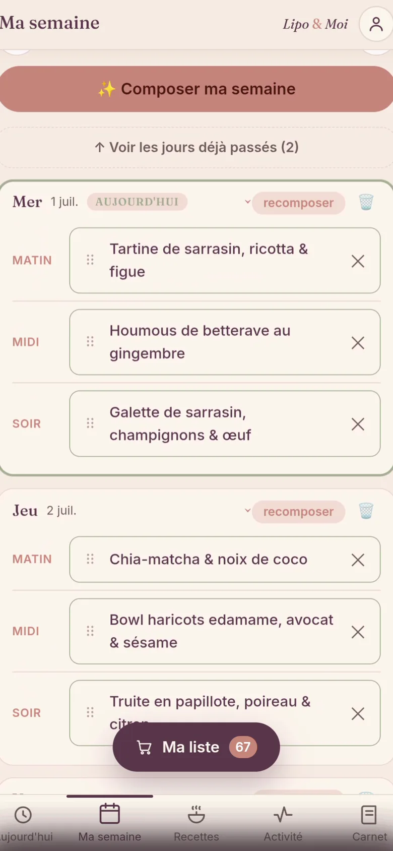 L'app compose une semaine entière de repas doux d'un seul geste.
