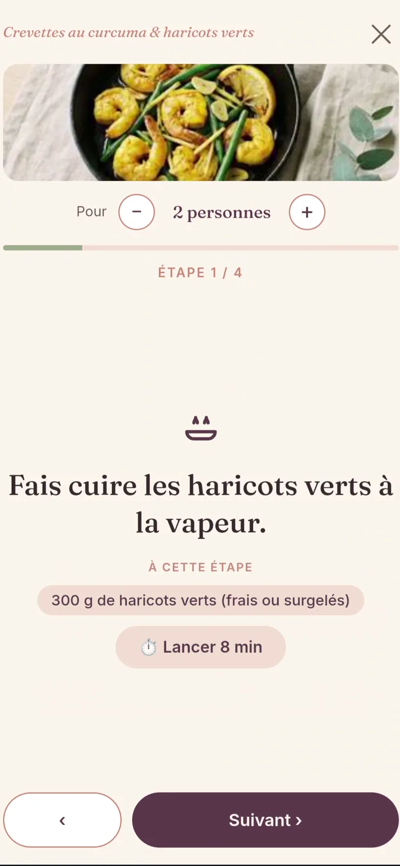 Le mode cuisine affiche une étape en grand avec un minuteur intégré.
