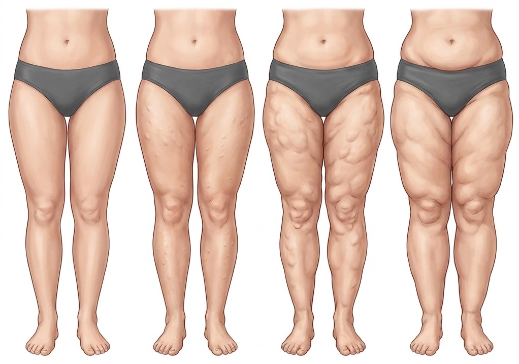 Illustration des stades du lipœdème : évolution sur les jambes du stade 1 au stade 4 (lipo-lymphœdème), les pieds restant épargnés